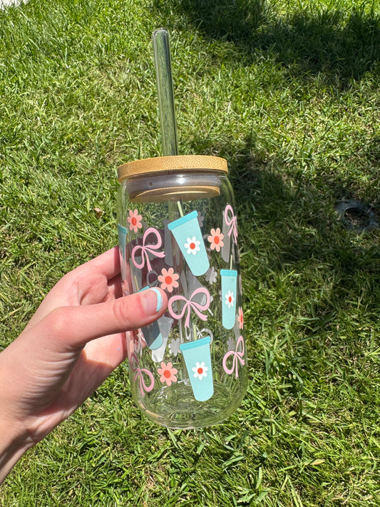 Aqua bows with cups and flowers glass cup!
