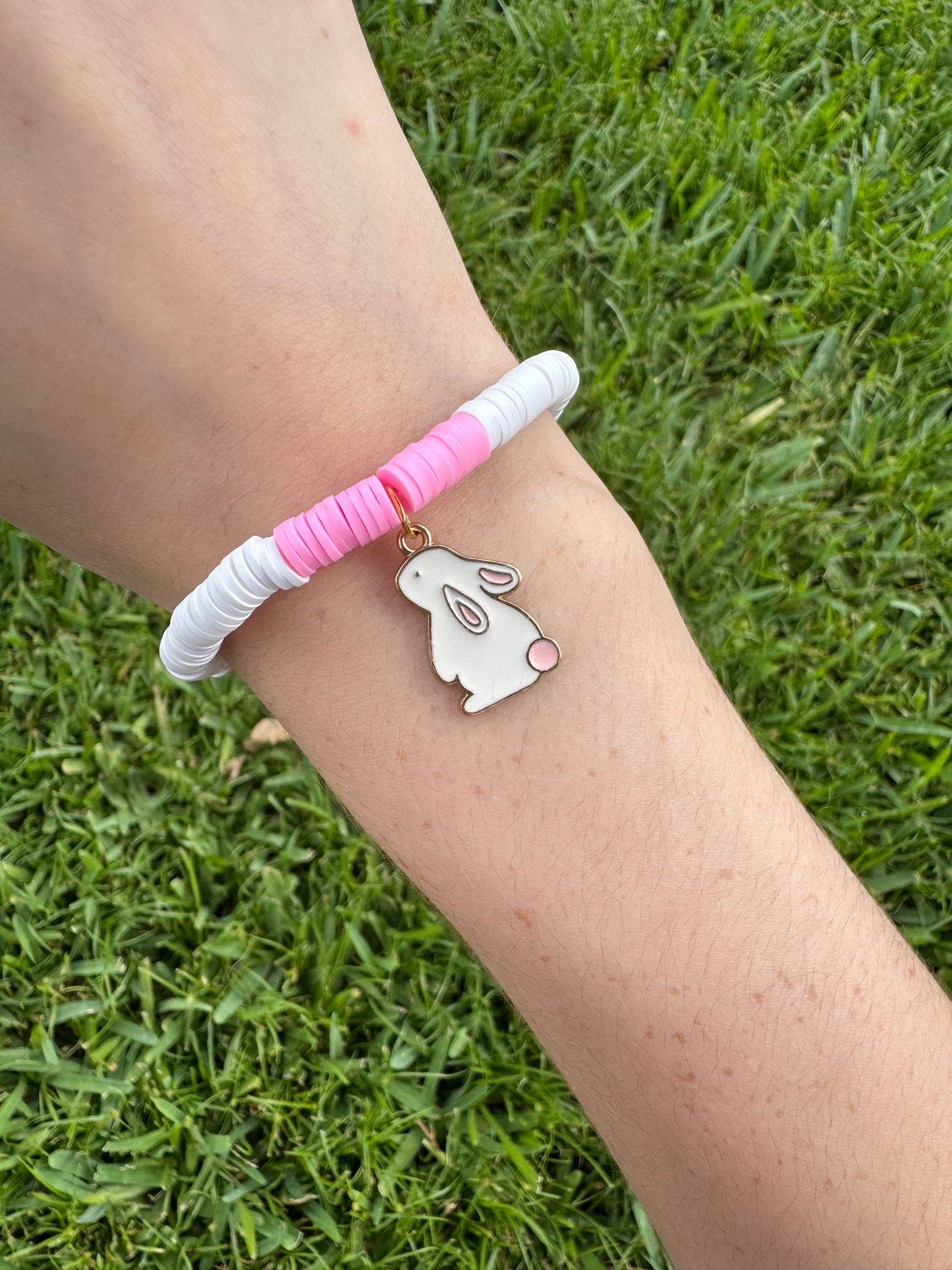 White and pink easter bunny Clay beads bracelet!