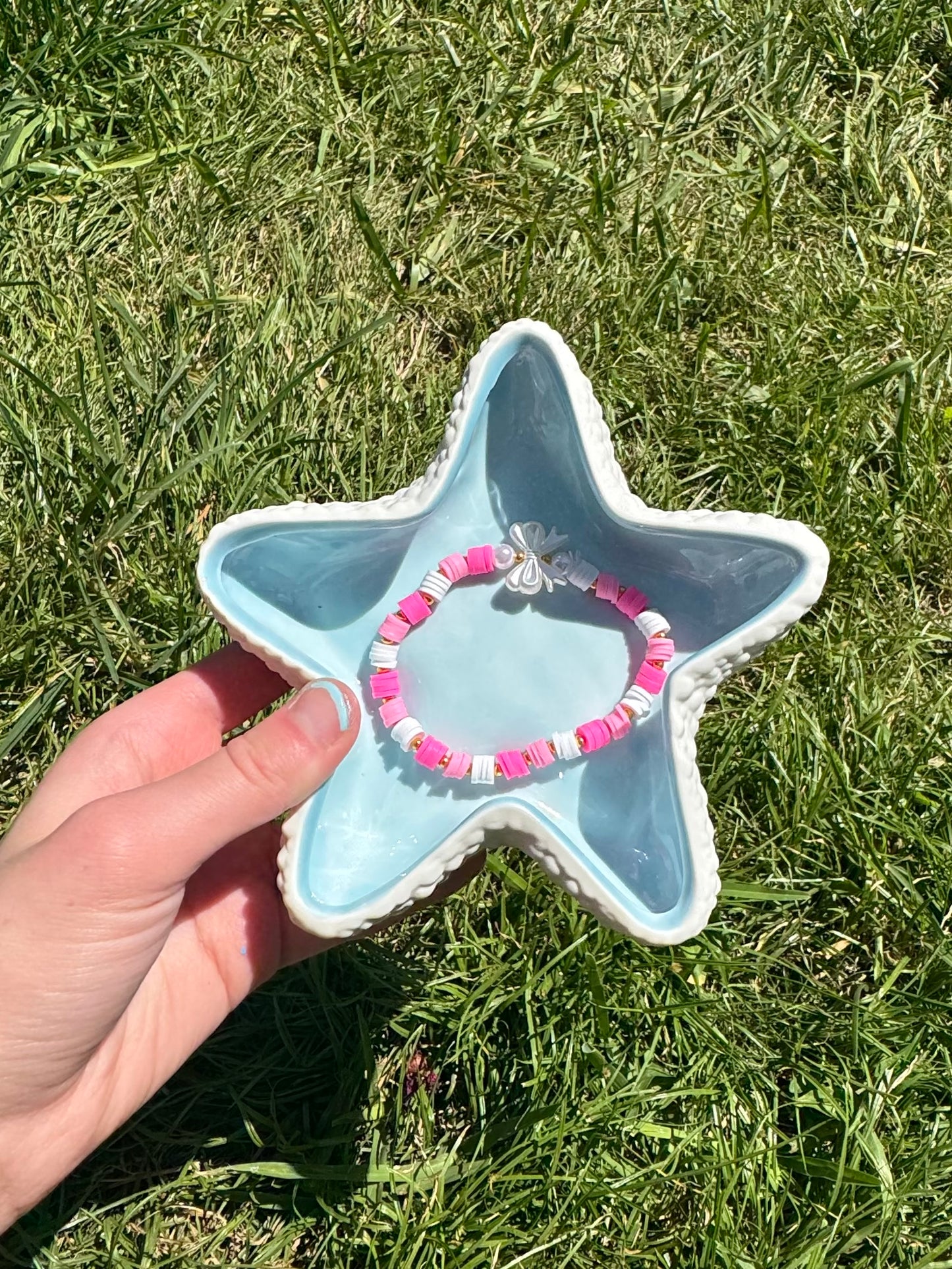Pearl pink bow Clay beads bracelet!