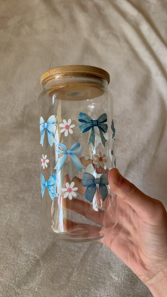 Flower and blue bows Glass cup!